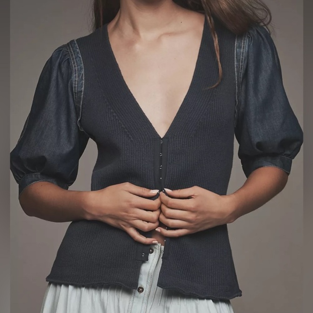 Pilcro Puff-Sleeve V-Neck Cardigan Sweater